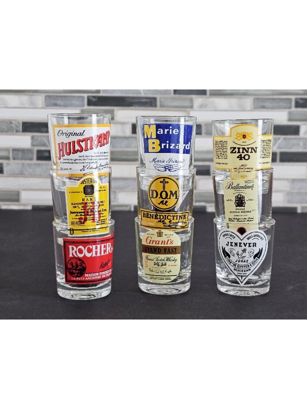 Vintage Whiskey Label Shot Glasses, Set of 9
